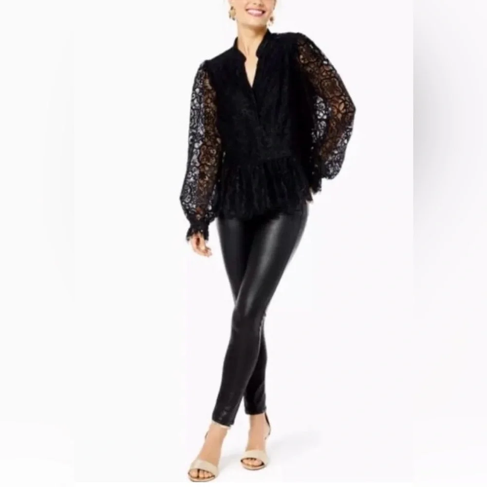 Lilly Pulitzer Blouse Black Lace Jacelynne Peplum Ruffle Hem SZ XL Plus Size - Picture 3 of 13